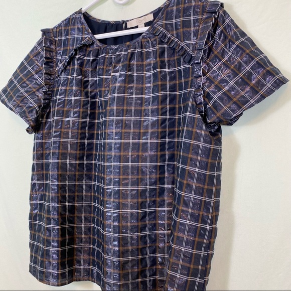 Loft plaid shimmer ruffle trim blouse size XL - Picture 3 of 16